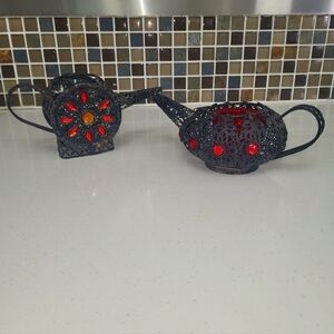 Vintage Jeweled Filigree Ewer Vase Pair Red Glass Black Gold Decor